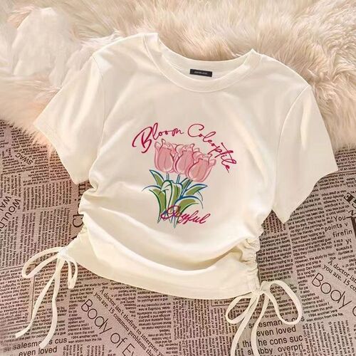 Women's Apricot Short-Sleeve T-Shirt Summer Style for Girls and Big Kids with Drawstring Design, Star Print Graphic Top Trendy