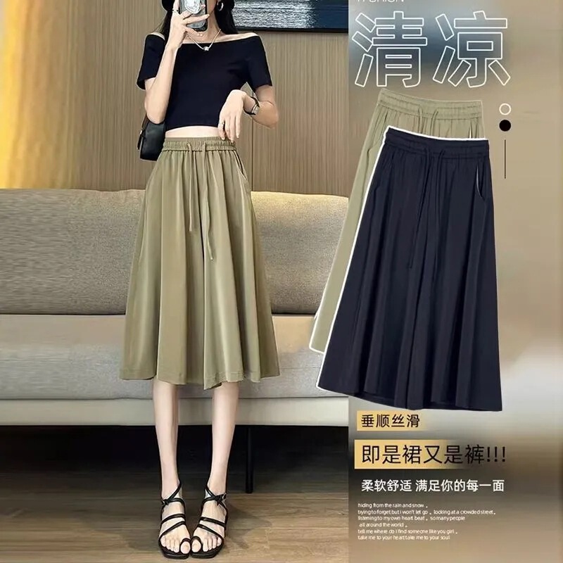 SAtin Wide-leg Culottes for Women Summer 2024 New CAsuAl PAnts High-wAisted Loose Slimming Look A-line Cropped PAnts