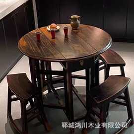 老榆木圆形餐桌小户型家用吃饭桌民谣饭店餐桌复古茶台咖啡桌茶台
