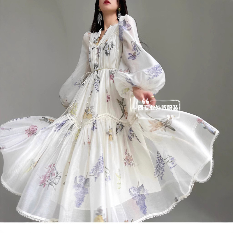 Z Brand Australian Export Chiffon Flared Dress for Women, Summer Printed Dress with Belt, Loose-Fitting Beach Vacation Long Dress