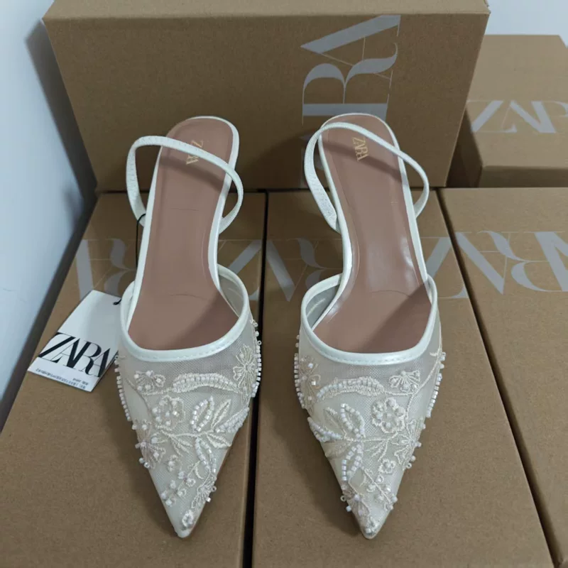 (Zara, белые осенние сетчатые свадебные туфли-sandals с вышивкой)