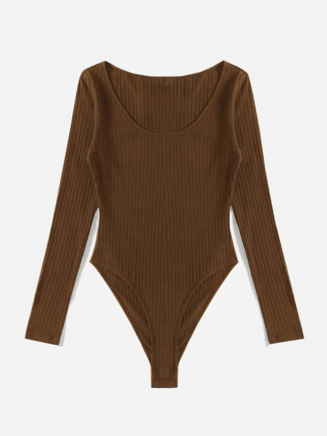Primavera y verano nuevas mujeres transfronterizas Amazon AliExpress estación independiente fuente de hoyos de color sólido cuello redondo manga larga mono