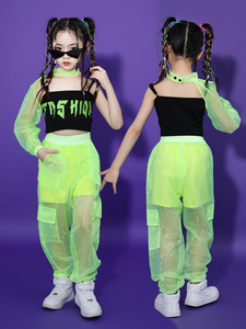 Neon Green Hiphop dance costumes for girls Catwalk rapper singers shows catwalk show tides suit children jazz dance clothing children dance