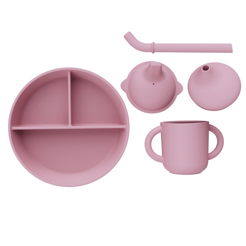 Alimentos de silicona set de cubiertos para niños cucharas blandas tenedor ventosa cuenco divisor de platos de comedor bib puede personalizar caja de regalo