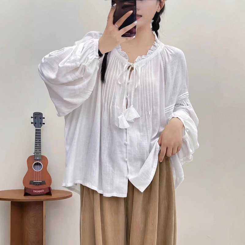 Lace Tie-Neck Lantern Sleeve Shirt 2025 Literary Japanese Mori Style Solid Color Slimming Versatile Loose Cardigan Top