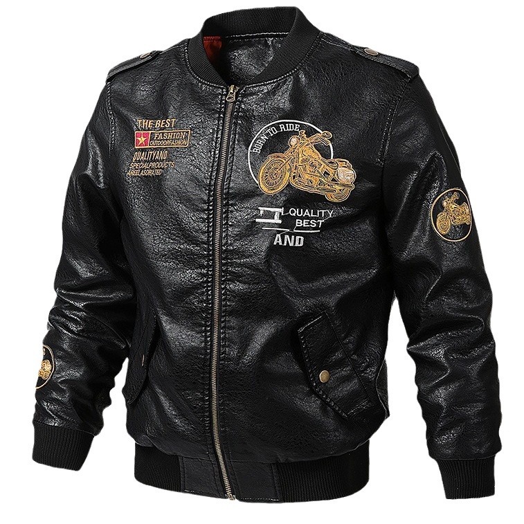 2024 otoño y invierno nuevo chaqueta de cuero para hombres con chaqueta de cuero de locomotiva de vello de moda chaqueta de cuero de béisbol joven chaqueta de cuero bordada