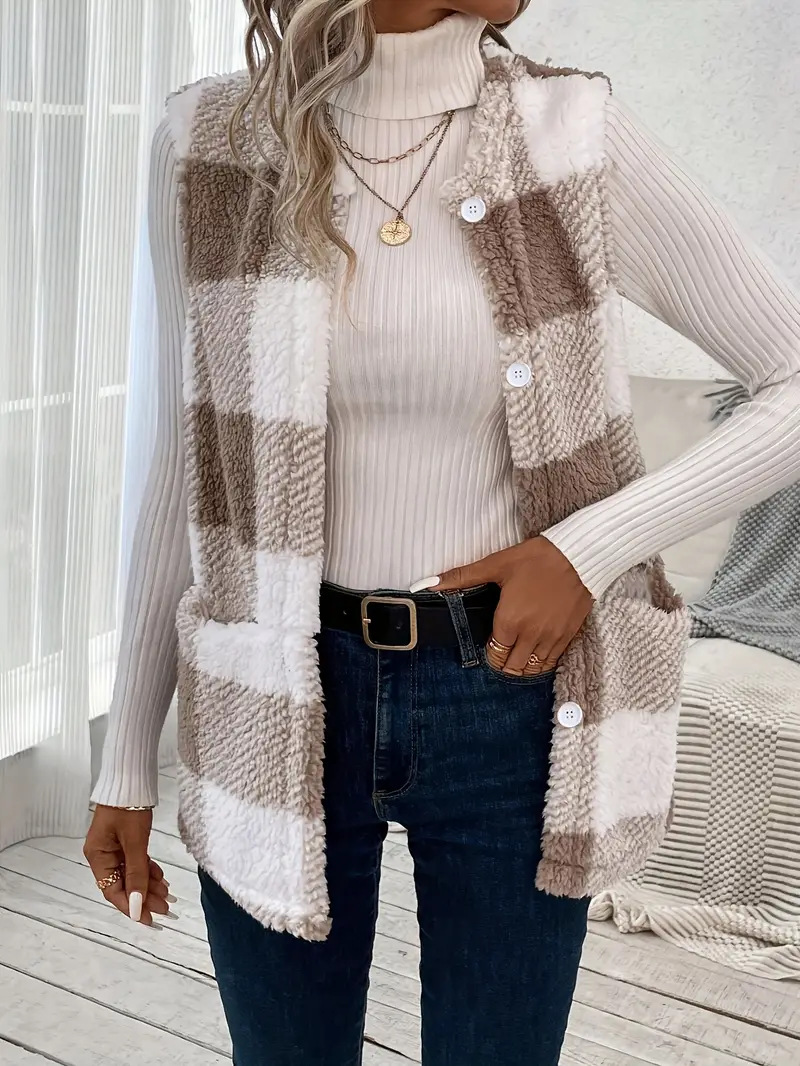 ​​Teddy Bear Plush Vest – Oversized Faux Fur Gilet | Winter Elegance (Dark Khaki Checkered)​​_ecoleips.com