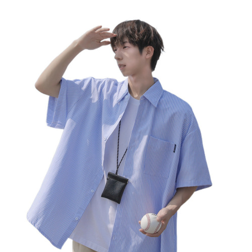 Japanese-style CityBoy blue striped short-sleeve shirt for men, trendy brand student casual five-sleeve shirt jacket for summer