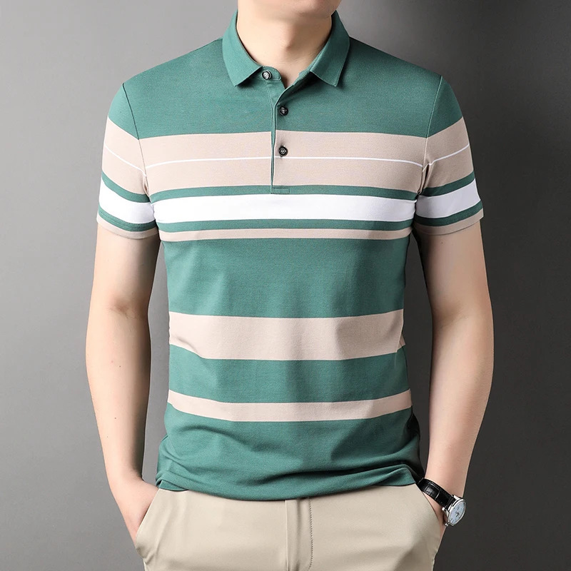 2024 Retro Men's Polo Shirt Short Sleeve Slim Fit Men's Polo Shirt New Lapel Stripe Fashion Top Middle-Aged