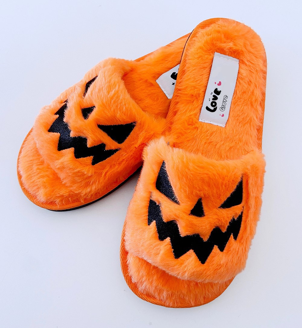 Women's Halloween Pumpkin Lantern Plush Slippers Soft Open Toe_voghion.com