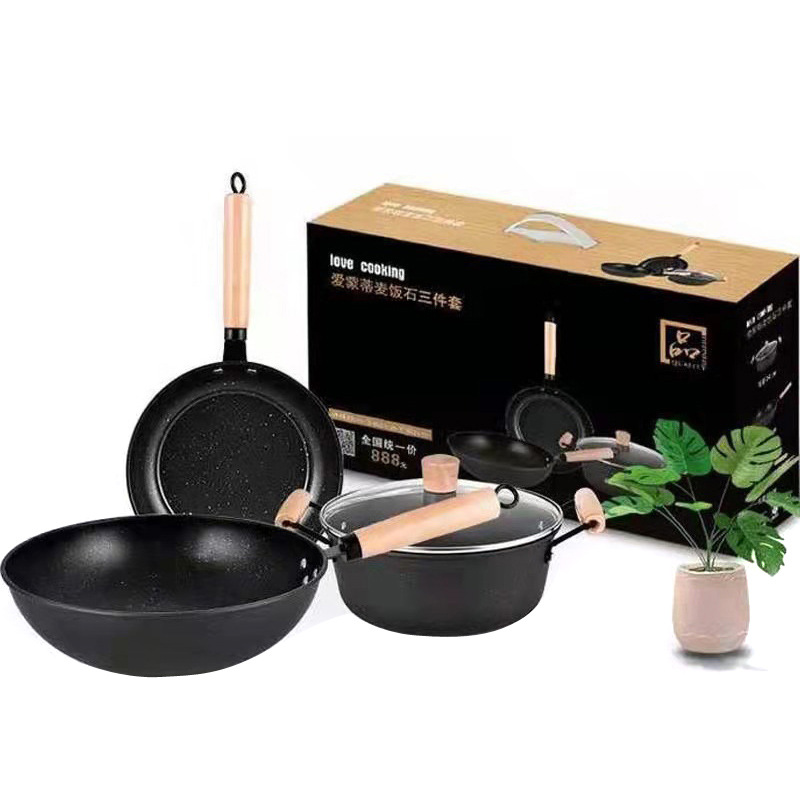 Mafanstone Three-Piece Set Thick Flat-Surface Wok Combo Cookware Set Wok Pan Fry Pan Soup Pot Gift Set