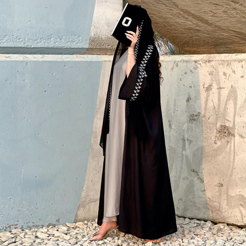 New Abaya Muslim Fashion Elegant Open Robe with Batsleeve Embroidered Headscarf Factory