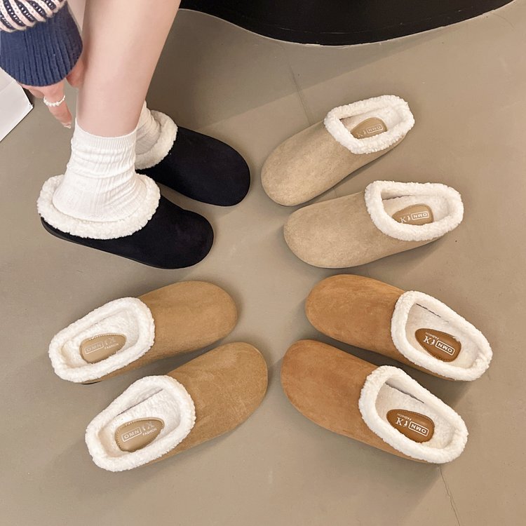 Lamb Wool Retro Flats-Bottomed Toe Half Slippers 2025 Autumn and Winter New Style Slip-On Snow Boots Birkenstock Fur Shoes for Women