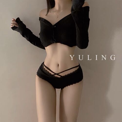 Japanese threaded pure cotton mid-low waist hollow breathable panties feminine cross strap lace trim cotton crotch briefs