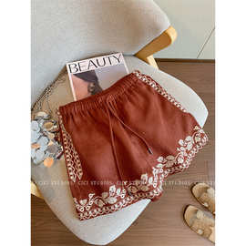 老钱风刺绣提花高腰抽绳短裤女2025夏季新款显瘦休闲百搭直筒裤子