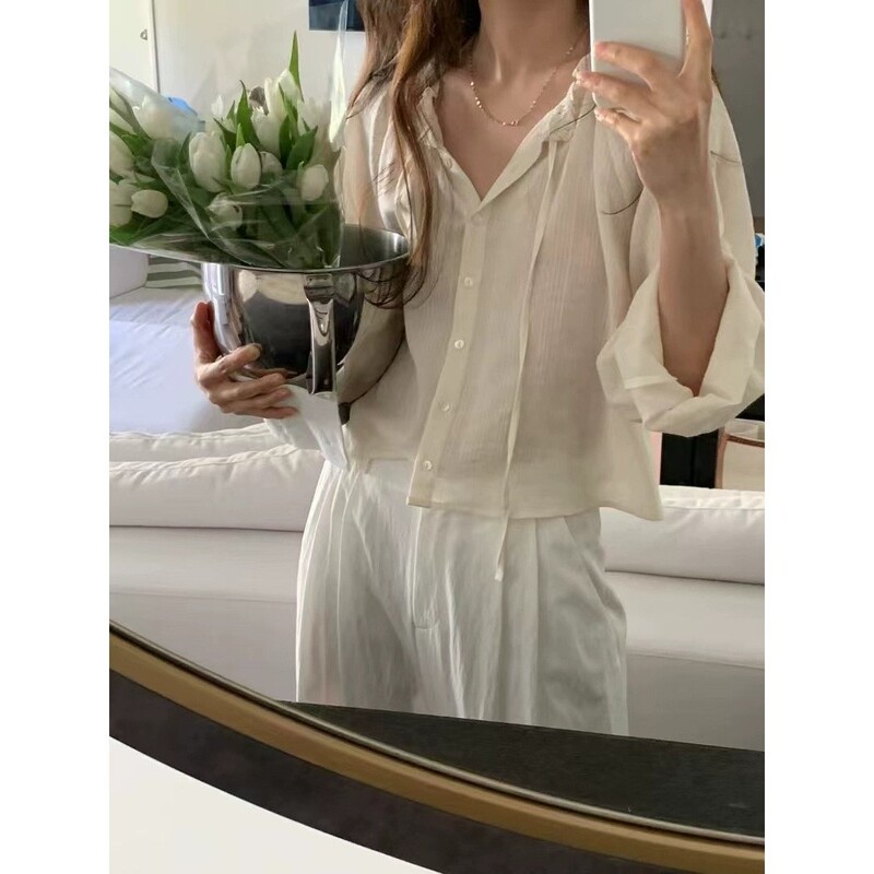 Now the New 2026 Summer Style Korean Designer Ou*Ce Artistic Style Lace Collar Sun Protection Long-Sleeved Shirt