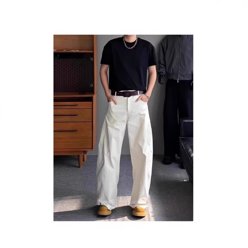 Cleanfit White Curved-Leg Pants for Men, Summer Thin Denim Work Pants, Loose Wide-Leg Pants