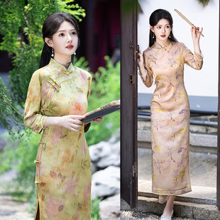 Cheongsam source manufacturers wholesale 2024 autumn new flower Luo long seven sleeve cheongsam retro national style cheongsam skirt