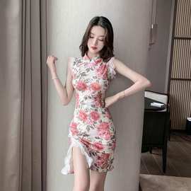 甜美气质纯欲风包臀短裙时尚复古少女花色修身开叉改良旗袍连衣裙