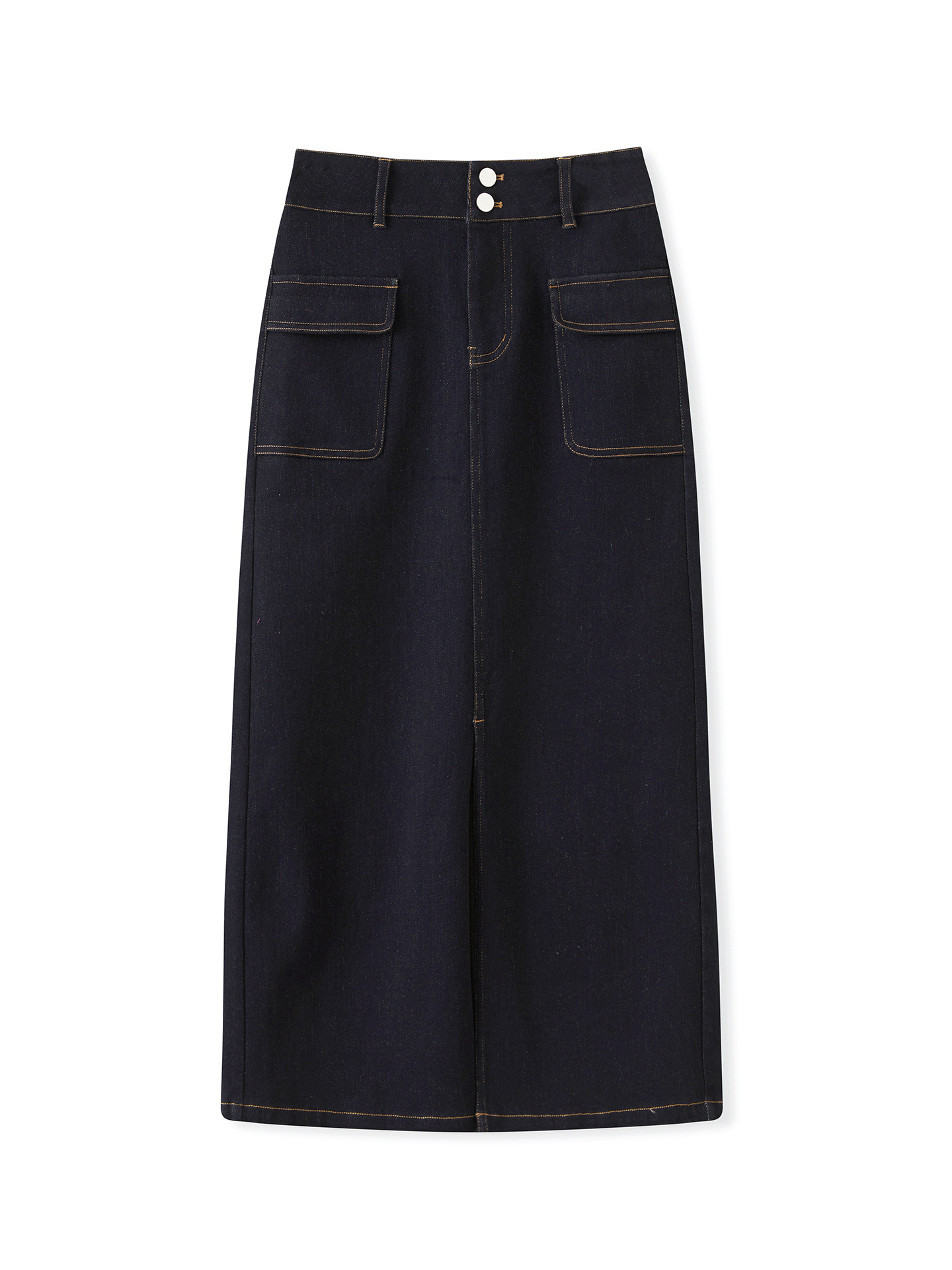 Chân váy denim cạp cao phong cách Hồng Kông cổ điển, dáng ôm xẻ tà dài giữa — Màu xanh đậm