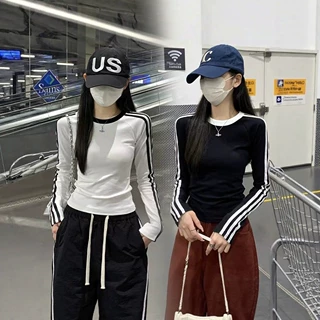 修身条纹长袖T恤女春秋款美式运动风显瘦打底衫上衣黑白撞色款女