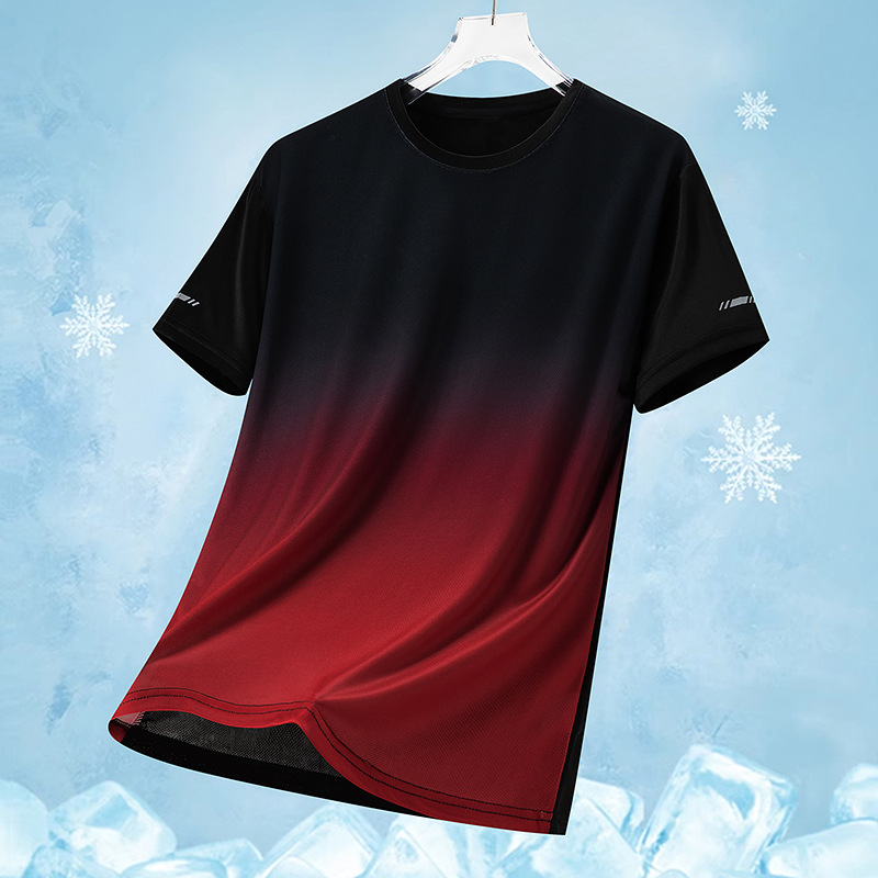 Abbigliamento da uomo T-shirt da uomo in maglia di seta ghiacciata ad asciugatura rapida, taglia grande, ampia, stampa sfumata, asciugatura rapida, scollo rotondo, traspirante, manica corta_voghion.com