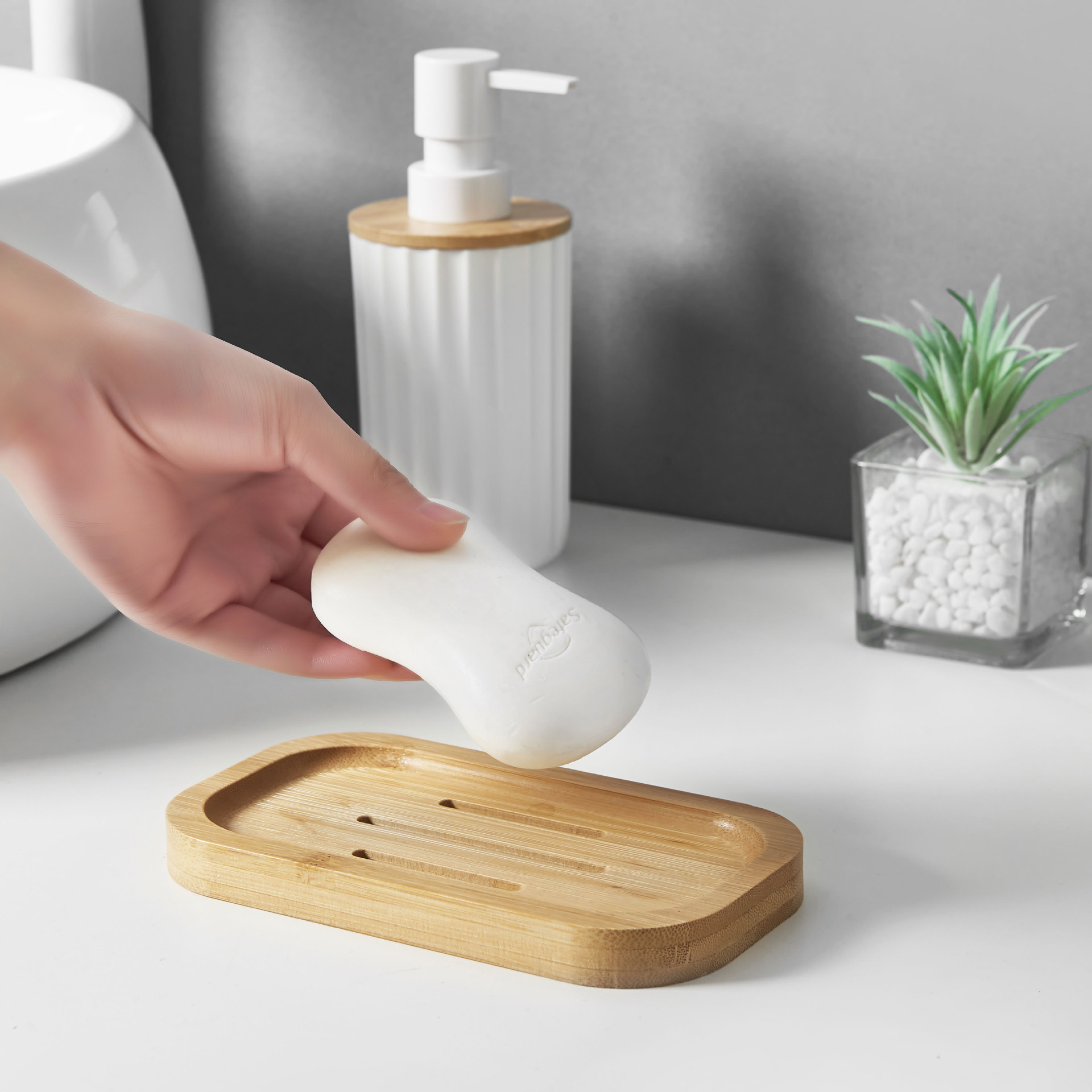 Cubierta de bambú ondas de baño 3 piezas set de artículos de baño enjuague bucal soporte de cepillo de dientes botella de loción de bambú jabon soporte de caja