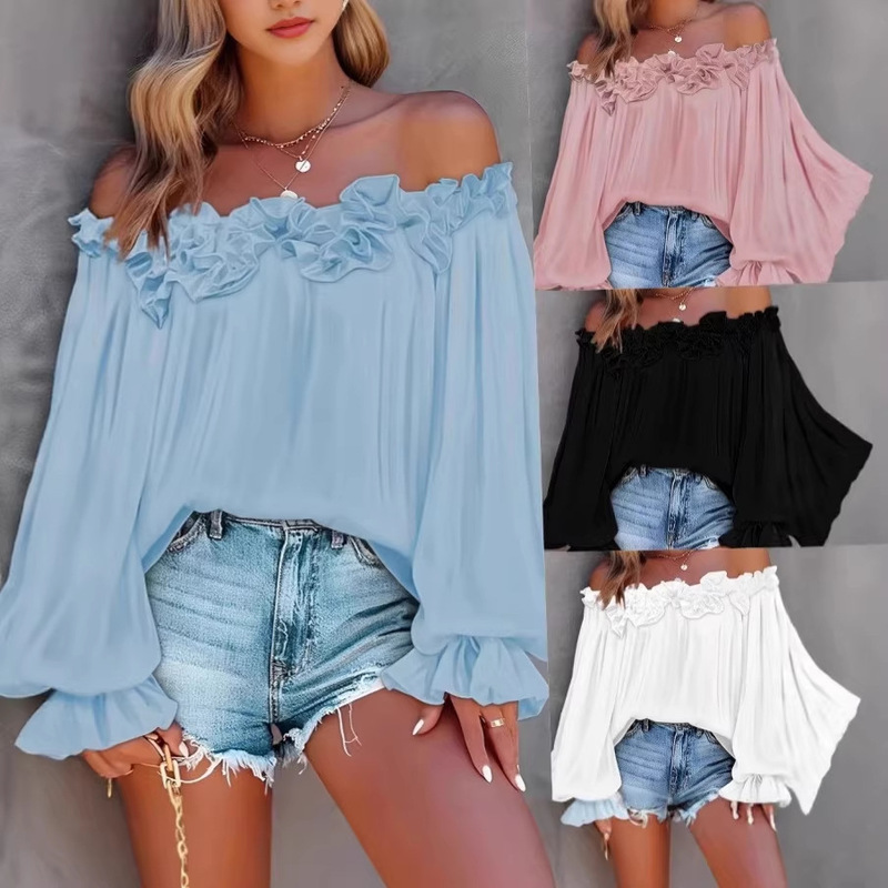 Hot-Selling New Style Elegant Casual Off-Shoulder Long-Sleeve Top with Ruffle Sleeves Loose-Fitting Women's Clothing Amazon
