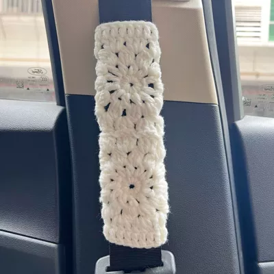 Crochet Sunflower Rose Flower | Steering wheel cover - white-flower-safety-belt-cover-1pcs-36-40cm