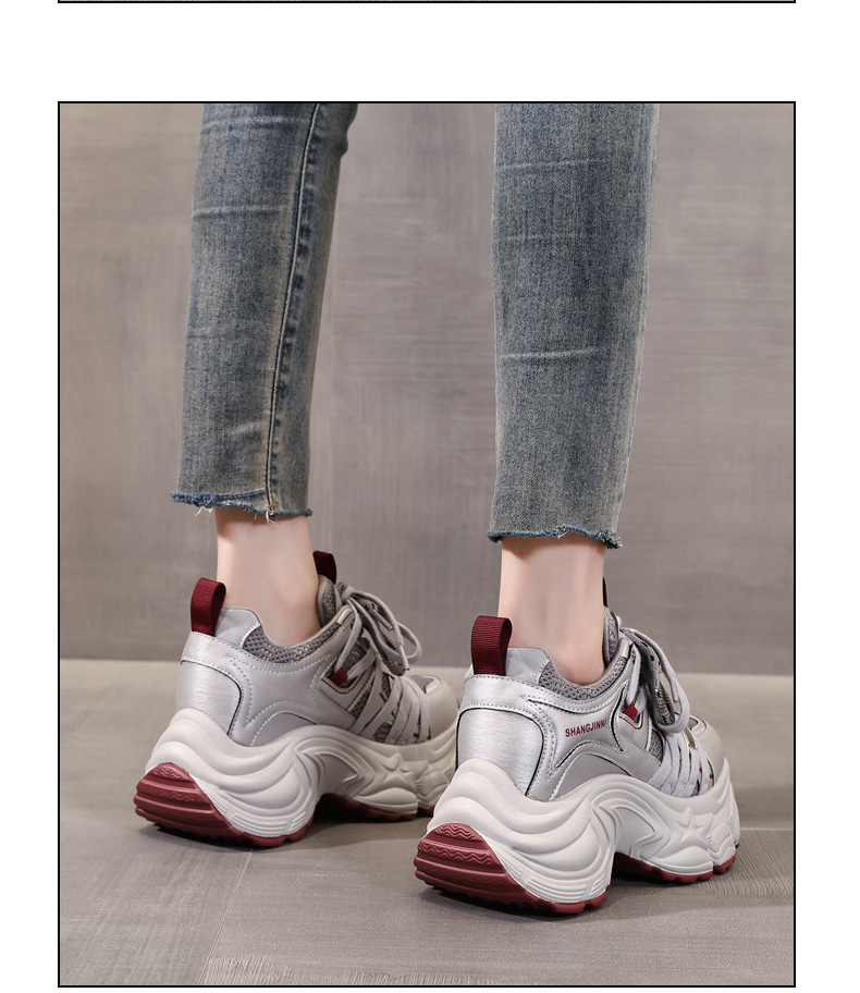 Giày sneaker nữ đế dày lưới nhẹ nâng chiều cao 9 cm — xám đỏ chi tiết 13