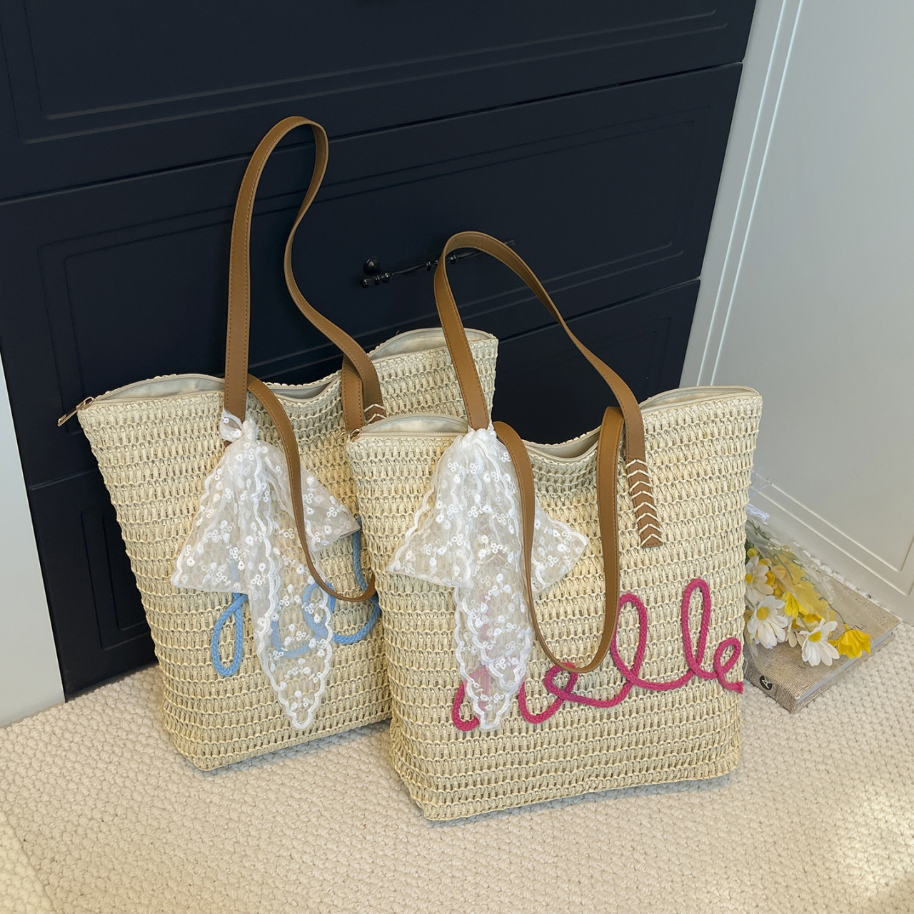 Handmade Rattan Shoulder Bag With Leather Trim Eco Friendly Style_voghion.com