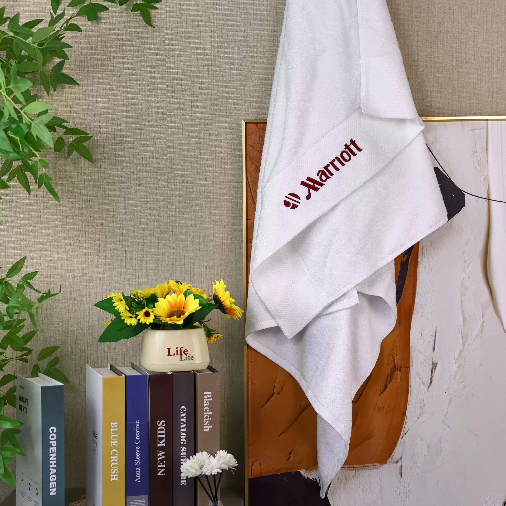 酒店浴巾白色浴巾平织绣花全棉美容院浴巾民宿纯棉希尔顿酒店浴巾