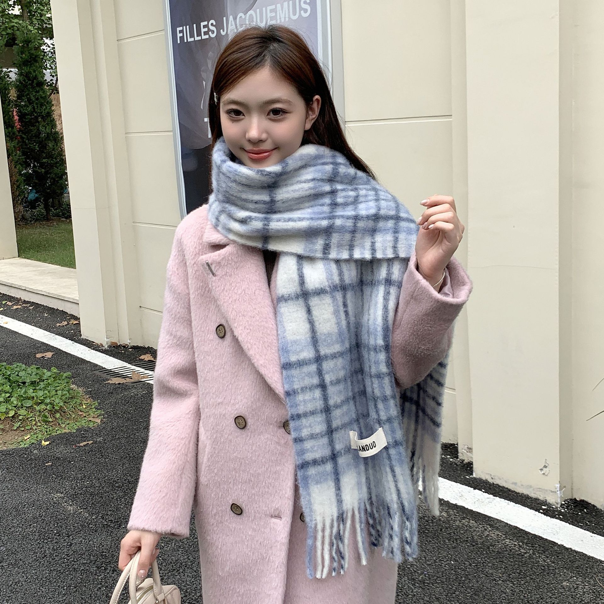 Coreano azul y blanco cuadrado bufandas de bordas unisex otoño y invierno engrosado calentamiento collar bufandas de lana de mar