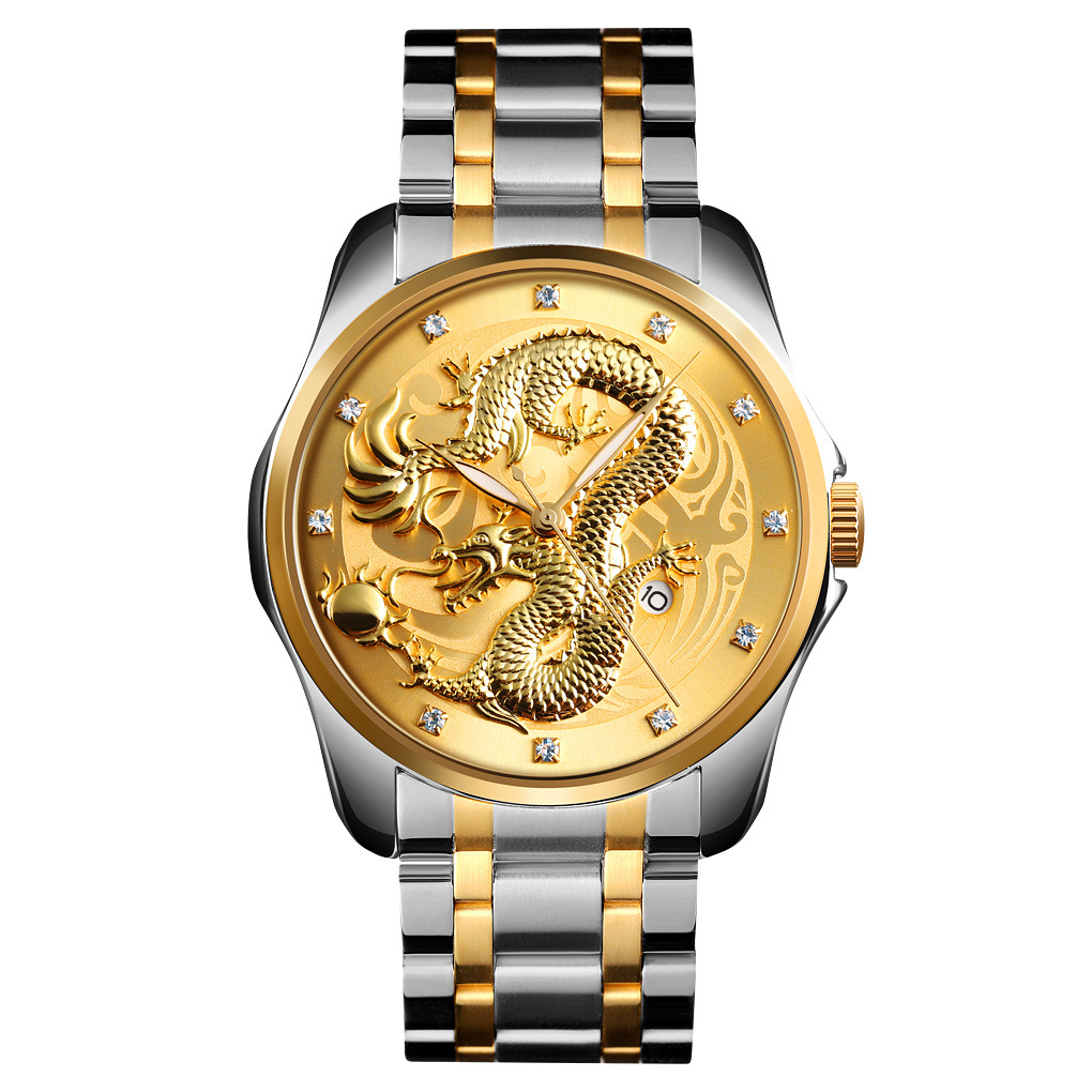 Momento de los Estados Unidos China Fenglong Totem relieve reloj de hombre correa de acero reloj de negocios calendario reloj de cuarzo comercio exterior al por mayor