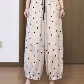 波点亚麻哈伦裤女夏季薄款大码梨形身材小个子抽绳九分灯笼裤