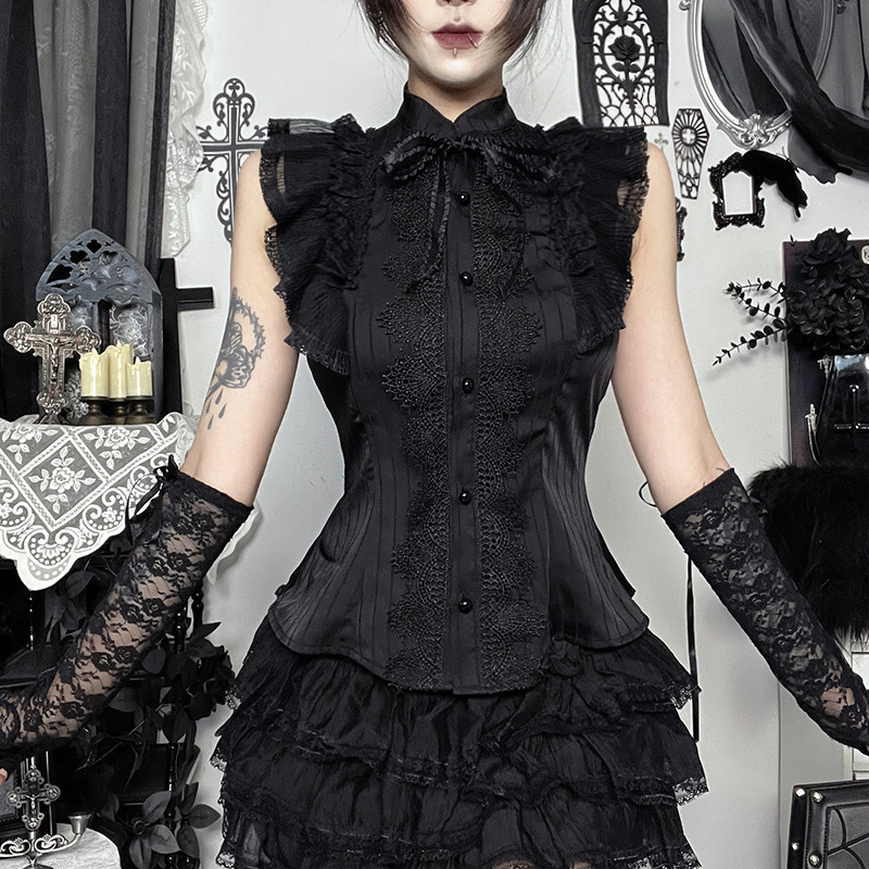 CF26100 Dark Vintage Style Ice-Feel Striped Sleeveless Top Lace Trim Stand Collar Bow Gothic Shirt CF26100 Dark Vintage Style Ice-Feel Striped Sleeveless Top Lace Trim Stand Collar Bow Gothic Shirt