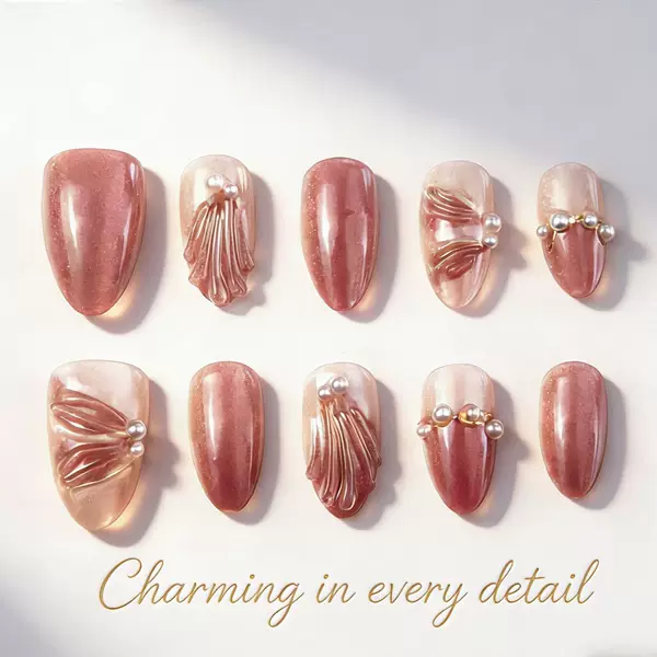 Cat-eye manicure press-on nails, high-end pearl 3D embossed nail stickers, press-on fake nails, cross-border foreign trade model