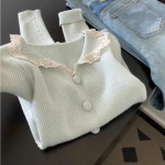 温柔风娃娃领蕾丝边针织衫女秋冬慵懒减龄百搭打底衫长袖上衣