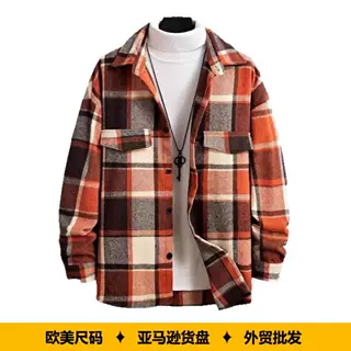 欧美春秋男士翻领方格纹开衫口袋休闲长袖外套大码衬衫亚马逊跨境
