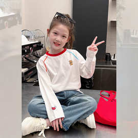 纯棉儿童网红撞色白t恤女童洋气打底衫童装长袖2025年春秋装新款