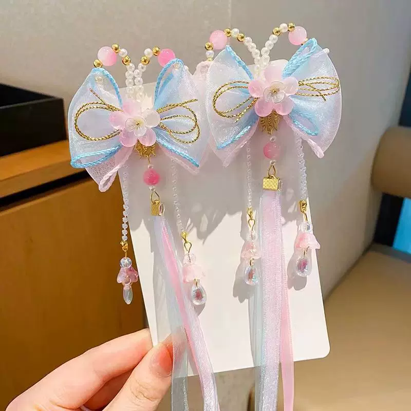 古风头饰儿童汉服配饰飘带花朵发夹女孩流苏步摇发卡儿童超仙发夹