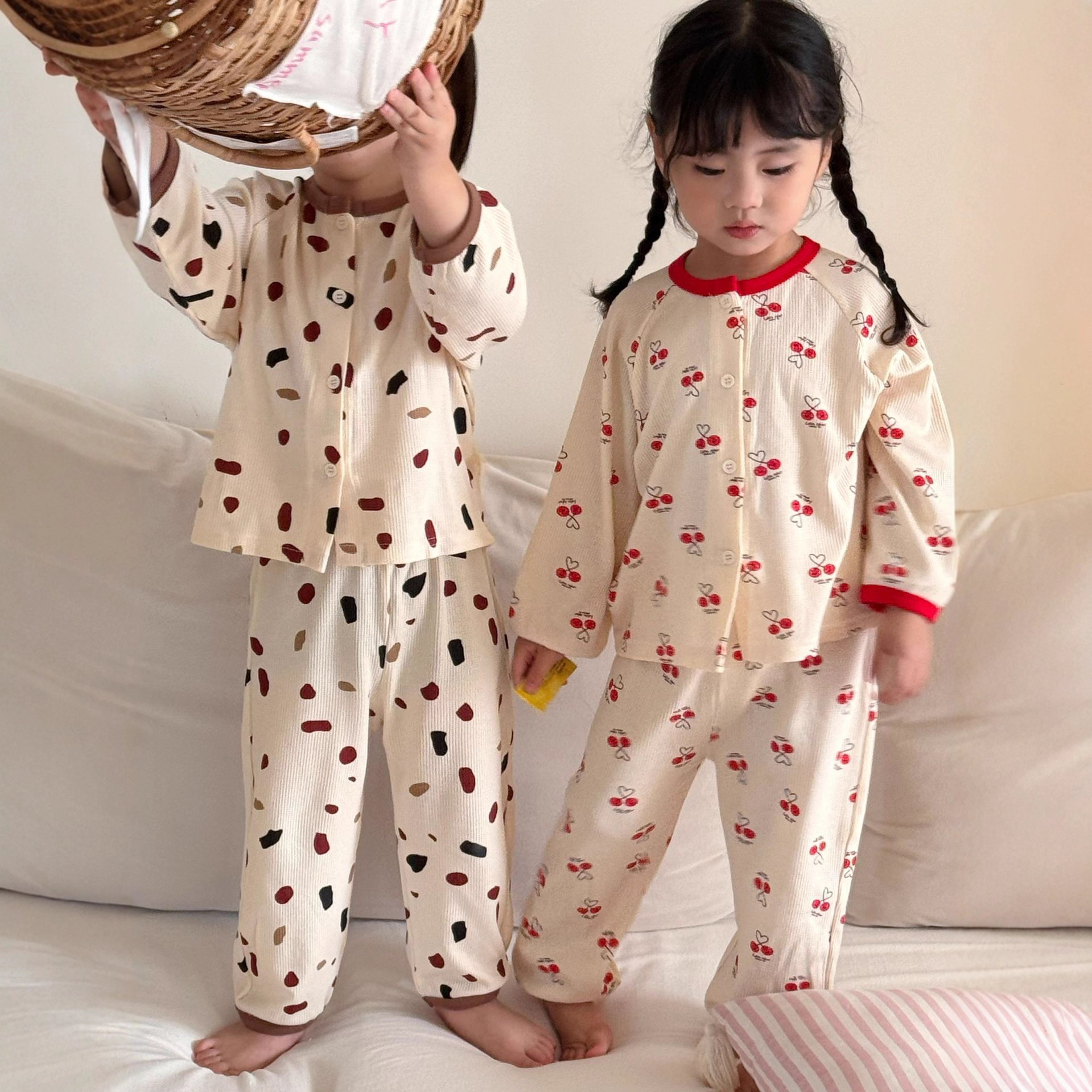 2025 Autumn New Children's Korean Style Waffle Suit Boys and Girls Pure Cotton Homewear Set Two-Piece Set