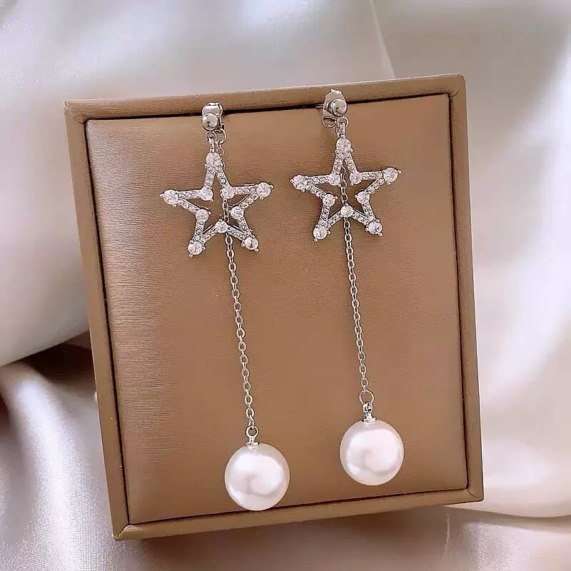 设计镶钻星星珍珠链条长款耳环一款两戴耳坠气质轻奢高级感耳饰女