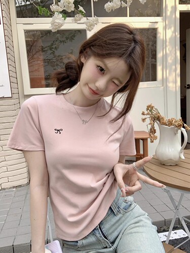 6621#2025 Summer Short-Sleeve T-Shirt Korean-Style Embroidered Sweet and Spicy Pink Knit Fitted Crew Neck Square Shoulder Top for Women
