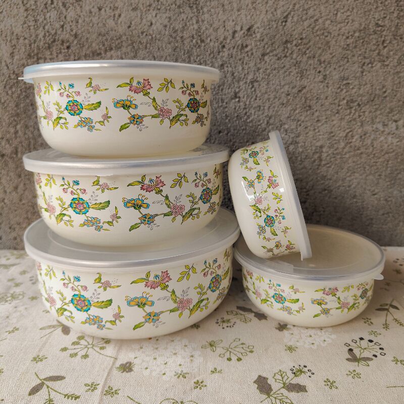 Supply fresh-keeping bowl enamel gift ice bowl 5-piece set factory direct sale enamel fresh-keeping box chilled refrigerated bowl