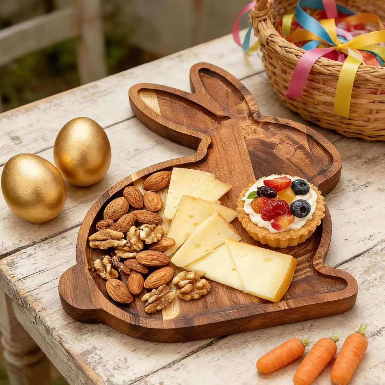 Cross-Border Wooden Easter Decoration Rabbit-Shaped Tray with Compartments for Fruits, Snacks, Desserts, Cakes, and Appetizers