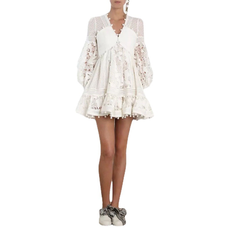 Otoño 2024 mujeres europeas y americanas de comercio exterior de ropa de mujer Amazon nueva manga larga con cuello en V vestido de encaje hueco vestido midi image 6