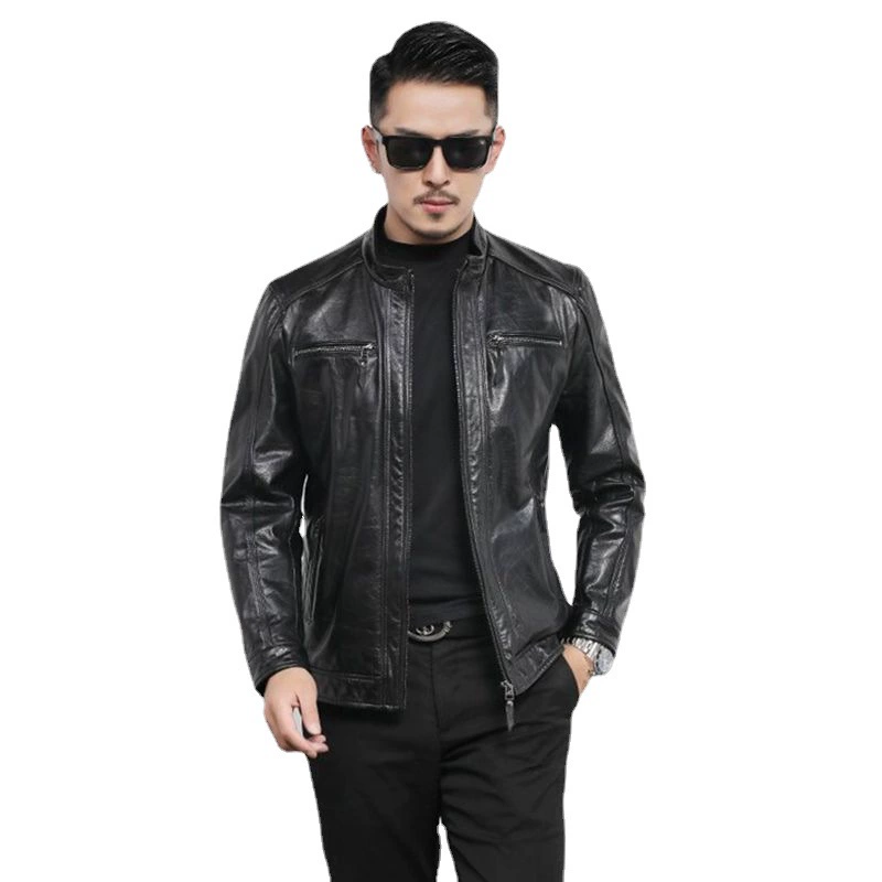 Autumn leather jacket for leisure, genuine leather, cowhide, slim fit