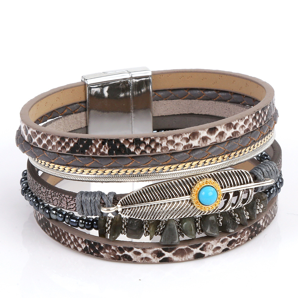 Leather Beaded Bracelet With Boho Feather And Turquoise Charm_voghion.com