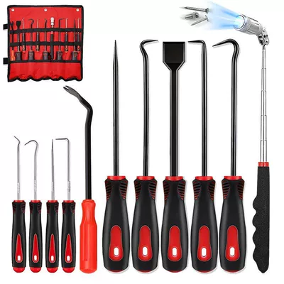Screwdriver Removal Tool Set Mühərrik tənzimləmə alətləri - red-11-piece-set-with-rotating-head-stone-detector-oxford-storage-roll-bag
